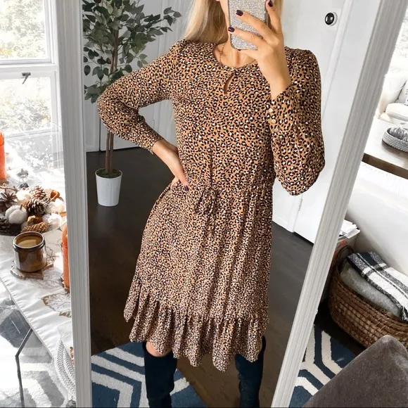 🍂 TALBOTS TAN BLACK ANIMAL PRINT LOOSE LONG SLEEVD DRESS!