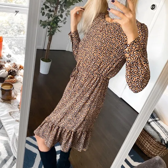 🍂 TALBOTS TAN BLACK ANIMAL PRINT LOOSE LONG SLEEVD DRESS!