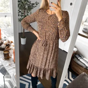🍂 TALBOTS TAN BLACK ANIMAL PRINT LOOSE LONG SLEEVD DRESS!