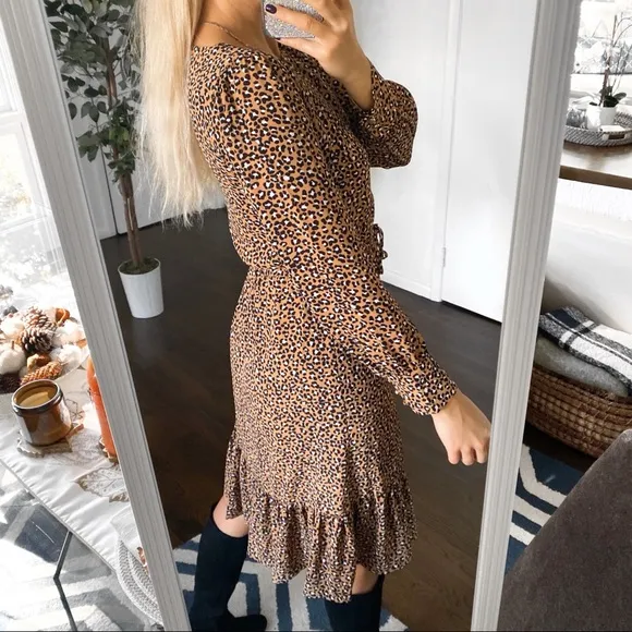 🍂 TALBOTS TAN BLACK ANIMAL PRINT LOOSE LONG SLEEVD DRESS!