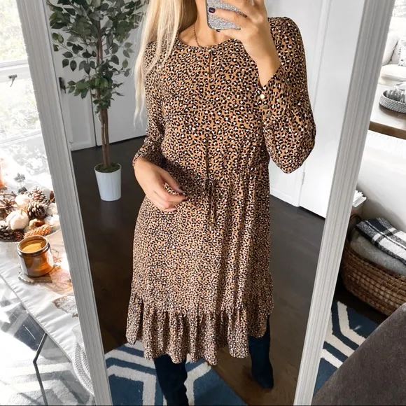 🍂 TALBOTS TAN BLACK ANIMAL PRINT LOOSE LONG SLEEVD DRESS!
