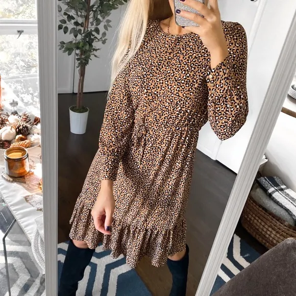 🍂 TALBOTS TAN BLACK ANIMAL PRINT LOOSE LONG SLEEVD DRESS!