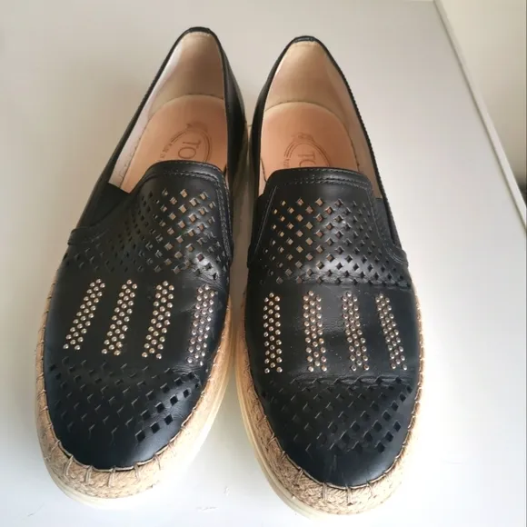 🌹 TOD'S Black Leather  Espadrille Loafers Women's Size 37.5