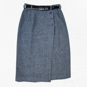1990s Vintage Blue Gray Wool Blend Herringbone Front Button Wrap Skirt Size 10P