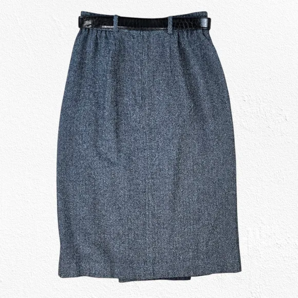 1990s Vintage Blue Gray Wool Blend Herringbone Front Button Wrap Skirt Size 10P