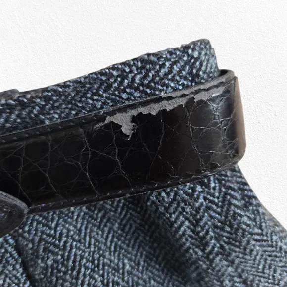 1990s Vintage Blue Gray Wool Blend Herringbone Front Button Wrap Skirt Size 10P