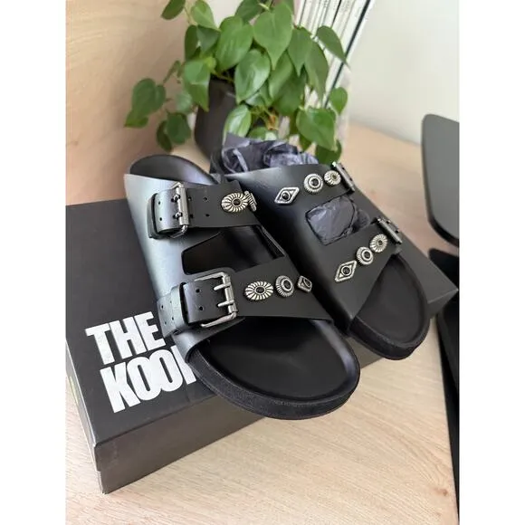 $365 New The Kooples Black Leather Studded Sandals - Fr 39 / US 8