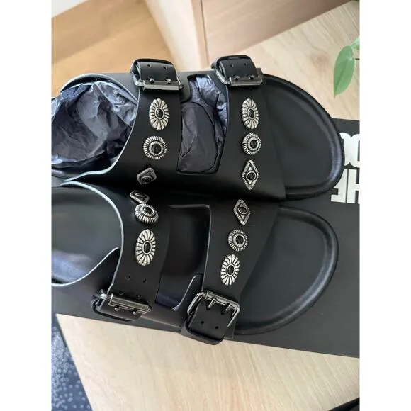 $365 New The Kooples Black Leather Studded Sandals - Fr 39 / US 8