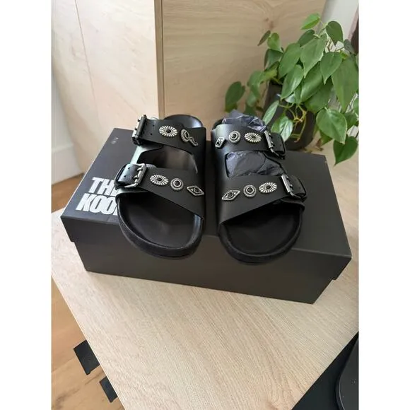 $365 New The Kooples Black Leather Studded Sandals - Fr 39 / US 8