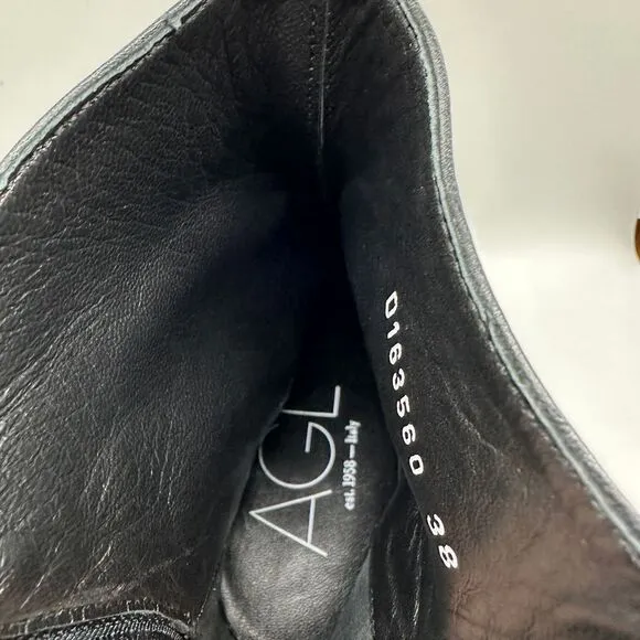 AGL Sleek Black Leather Ankle Boots Pointed Toe Block Heel‎ Designer Booties- 38