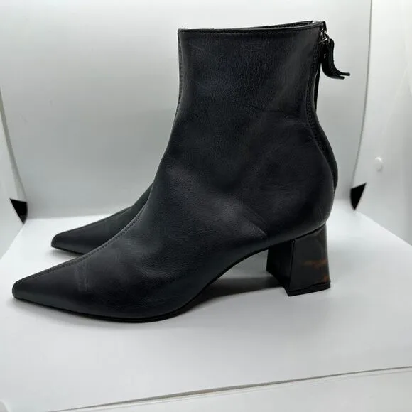 AGL Sleek Black Leather Ankle Boots Pointed Toe Block Heel‎ Designer Booties- 38