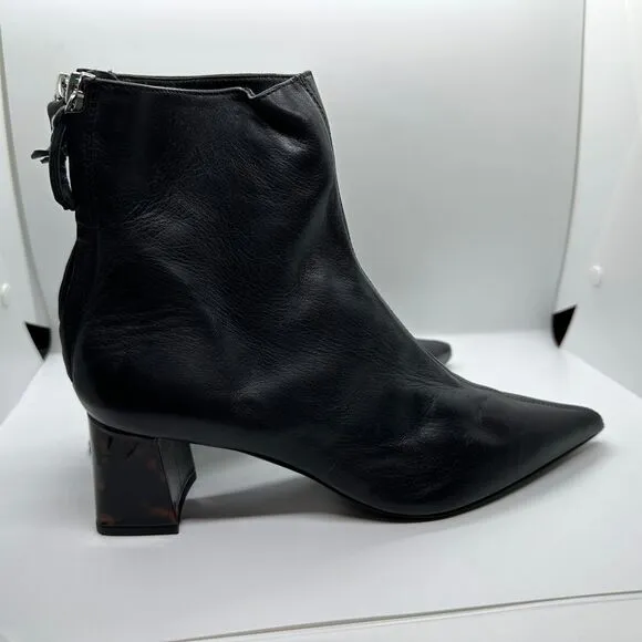 AGL Sleek Black Leather Ankle Boots Pointed Toe Block Heel‎ Designer Booties- 38