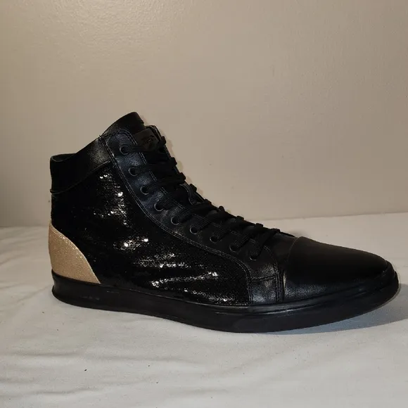 Aldo Black and Tan High-Top Sneakers with Glossy Finish