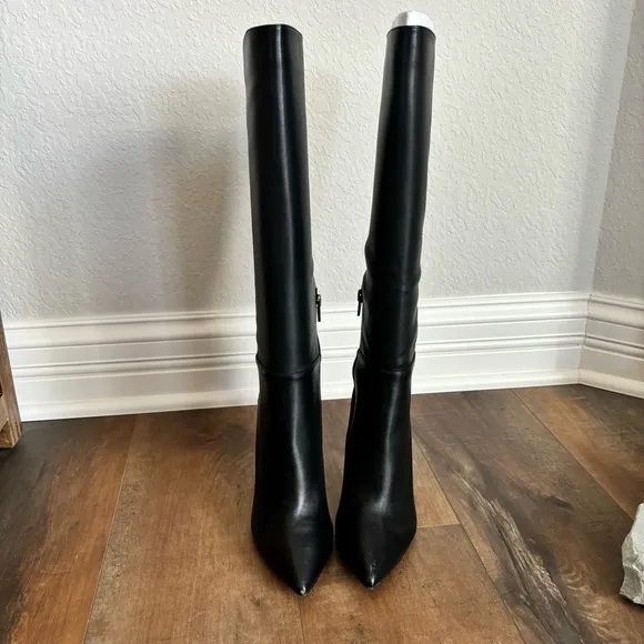 ALDO Women Size 7 Milann Pointed-Toe Tall 4” Stiletto Heel Black Leather Boots