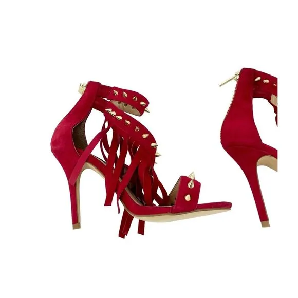 Alejandra G Cristina Red Suede Sandals Studded Fringe Ankle SZ 36 EU New