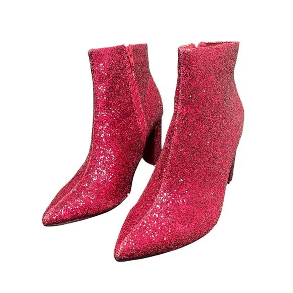 Allegra K Sparkly Pointed Toe Chunky Heel Ankle Boots Hot Pink Glitter Size 10