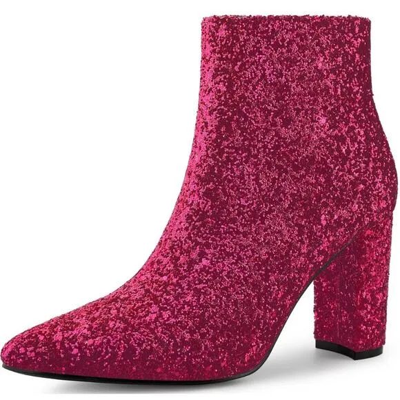 Allegra K Sparkly Pointed Toe Chunky Heel Ankle Boots Hot Pink Glitter Size 10