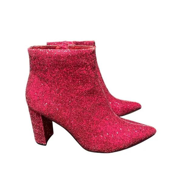 Allegra K Sparkly Pointed Toe Chunky Heel Ankle Boots Hot Pink Glitter Size 10