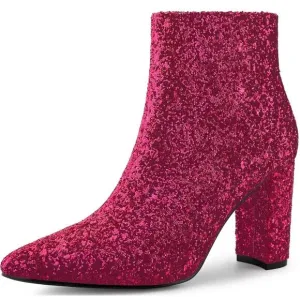 Allegra K Sparkly Pointed Toe Chunky Heel Ankle Boots Hot Pink Glitter Size 10