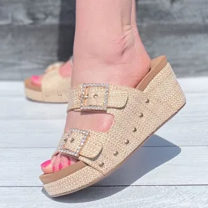 Almost gone! Corkys Footwear Main Squeeze Double Strap Slide Wedge Sandal Raffia