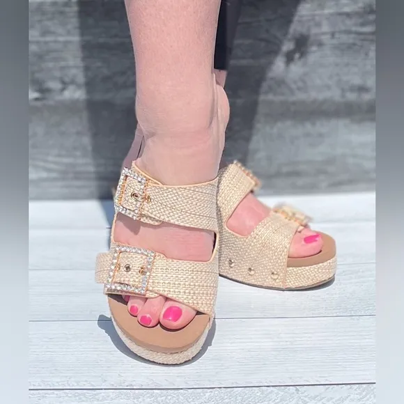 Almost gone! Corkys Footwear Main Squeeze Double Strap Slide Wedge Sandal Raffia