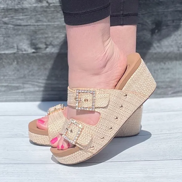 Almost gone! Corkys Footwear Main Squeeze Double Strap Slide Wedge Sandal Raffia