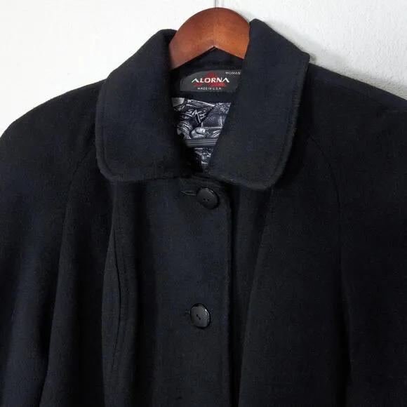 Alorna Women’s Black Overcoat Wool Rounded Shoulders Graphic Lining Size L
