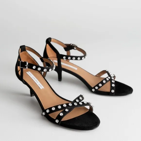 &amp;Other Stories Rhinstone Studded Kitten Heels Black Suede Sandals