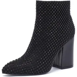 Ankle Boots for Women Sexy Black Bling Rhinestone High Heeled Short Booties