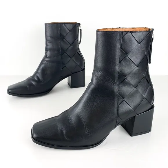 Anthro Angel Alarcon boots woven leather square toe block heel size 38 EU, 7 US