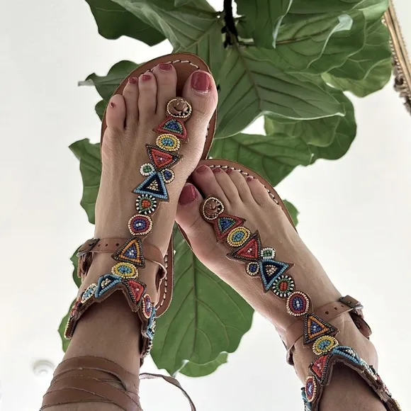 Anthropologie NWT laidback London Tribal hand beaded Leather Sandal Day&amp;evening