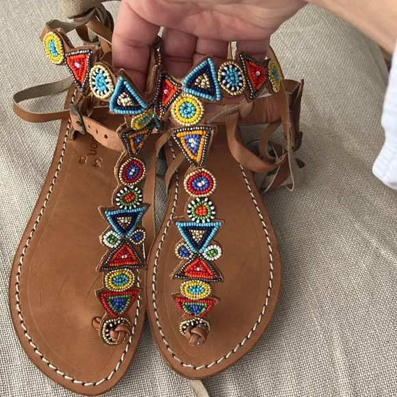 Anthropologie NWT laidback London Tribal hand beaded Leather Sandal Day&amp;evening