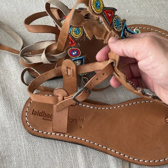 Anthropologie NWT laidback London Tribal hand beaded Leather Sandal Day&amp;evening