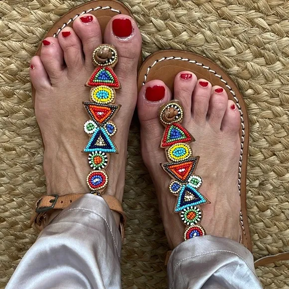Anthropologie NWT laidback London Tribal hand beaded Leather Sandal Day&amp;evening