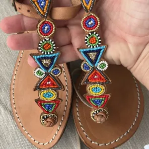 Anthropologie NWT laidback London Tribal hand beaded Leather Sandal Day&amp;evening