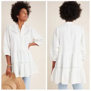 Anthropologie Vicenza Lace Ruffle Hem Swiss Dot Babydoll Tunic In White M EUC