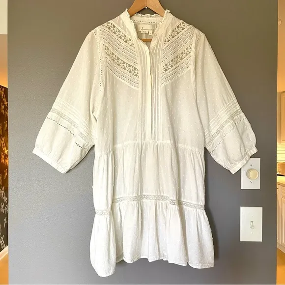 Anthropologie Vicenza Lace Ruffle Hem Swiss Dot Babydoll Tunic In White M EUC