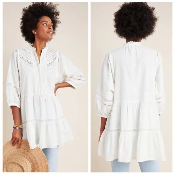 Anthropologie Vicenza Lace Ruffle Hem Swiss Dot Babydoll Tunic In White M EUC
