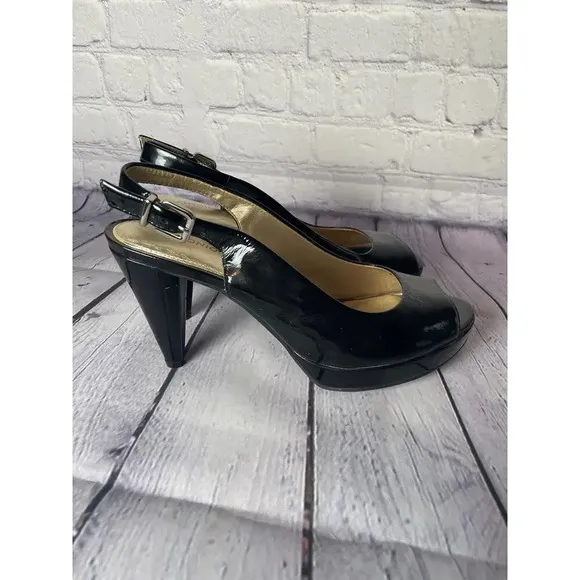 Antonio Melani Black Patent Leather Peep Toe Heels Womens Size 8