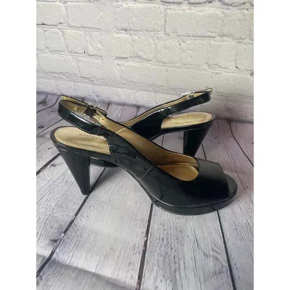 Antonio Melani Black Patent Leather Peep Toe Heels Womens Size 8