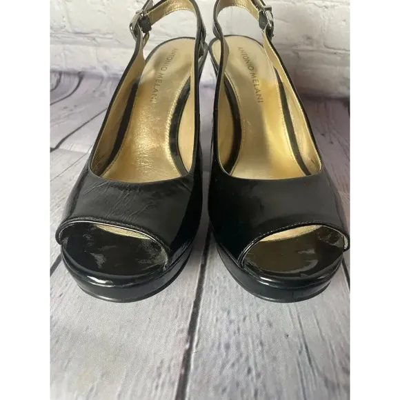 Antonio Melani Black Patent Leather Peep Toe Heels Womens Size 8