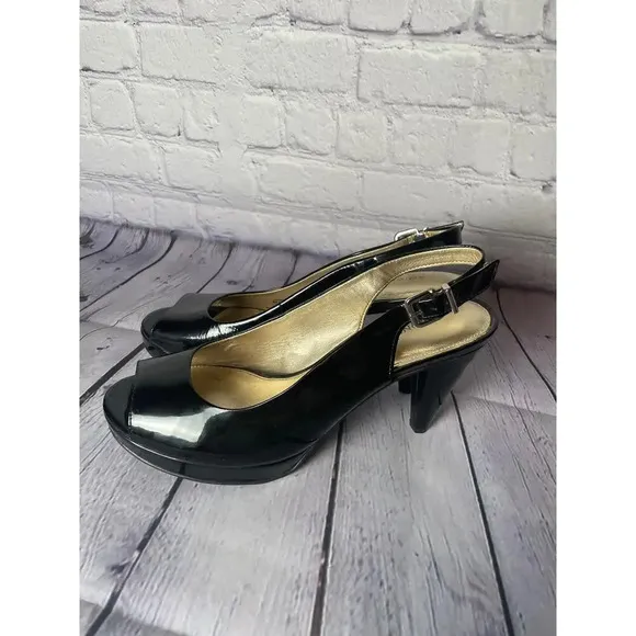 Antonio Melani Black Patent Leather Peep Toe Heels Womens Size 8