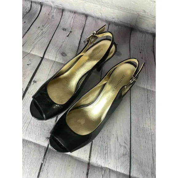 Antonio Melani Black Patent Leather Peep Toe Heels Womens Size 8