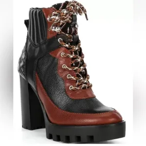 Antonio Melani Penn Leather and Fabric Ankle Boots Chunky Lug Sole Heel Size 8.5