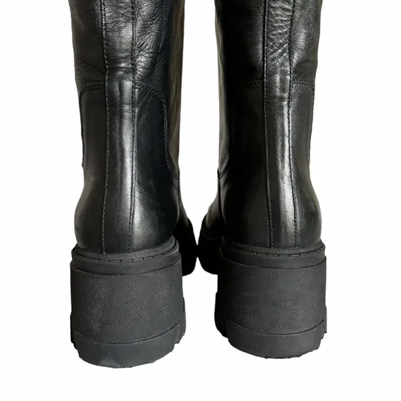 AQUA Goal Black Leather Round Toe Chunky Heel Knee High Boots Women’s