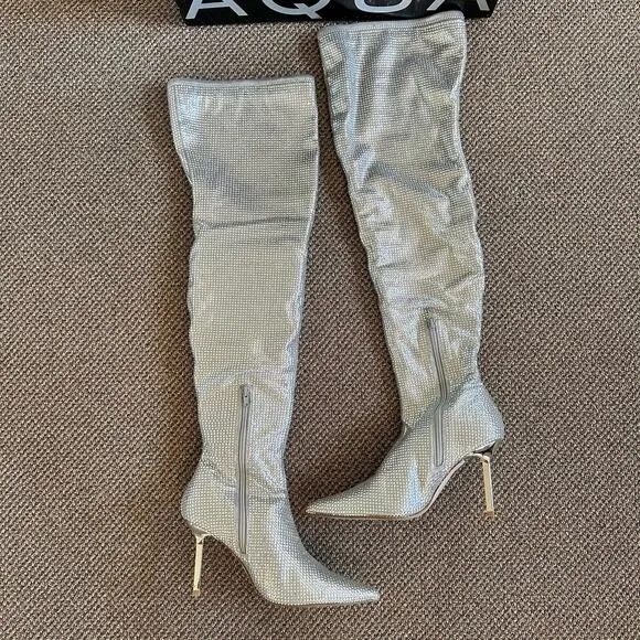 AQUA Nicki Pointed Toe High Heel Rhinestone Over The Knee Boots Size 9.5 $248