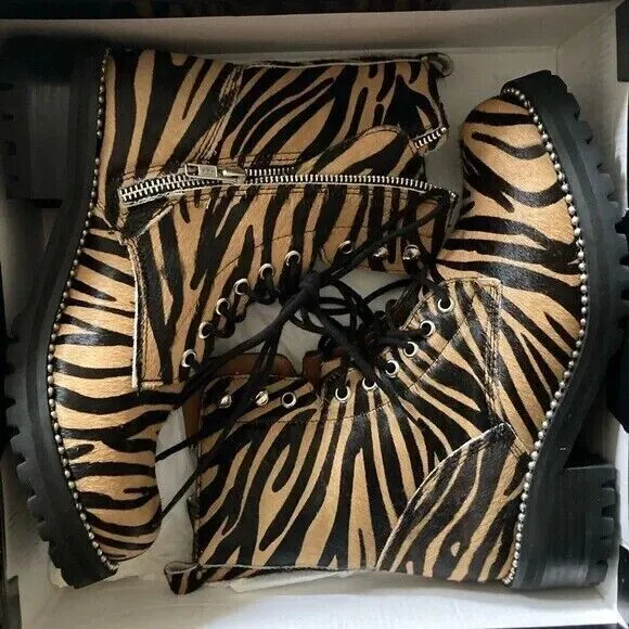 Aqua Tiger Print Jax Studded Hiker Combat Boots Lace Up Calf Hair Boho Gypsy 7
