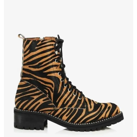 Aqua Tiger Print Jax Studded Hiker Combat Boots Lace Up Calf Hair Boho Gypsy 7
