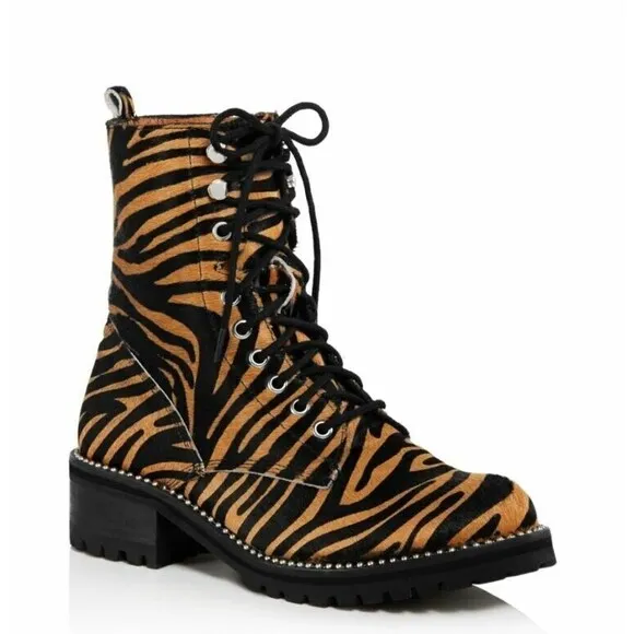 Aqua Tiger Print Jax Studded Hiker Combat Boots Lace Up Calf Hair Boho Gypsy 7