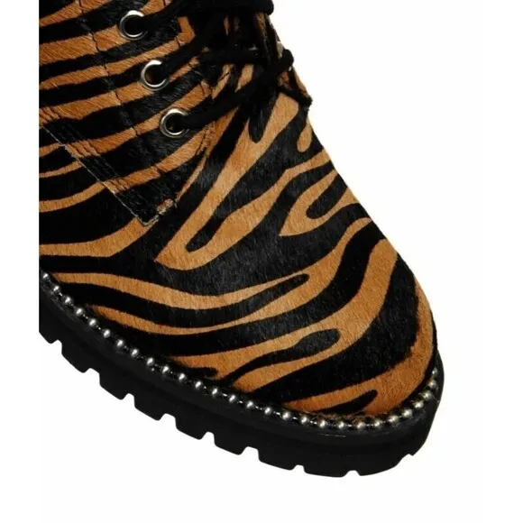 Aqua Tiger Print Jax Studded Hiker Combat Boots Lace Up Calf Hair Boho Gypsy 7